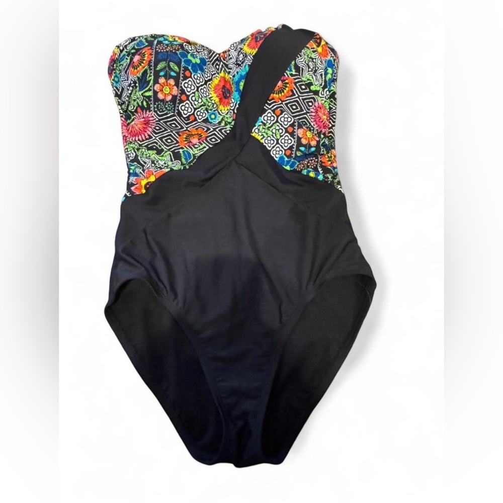 Into the Bleu Strapless One Piece Swimsuit Floral Black Size 8